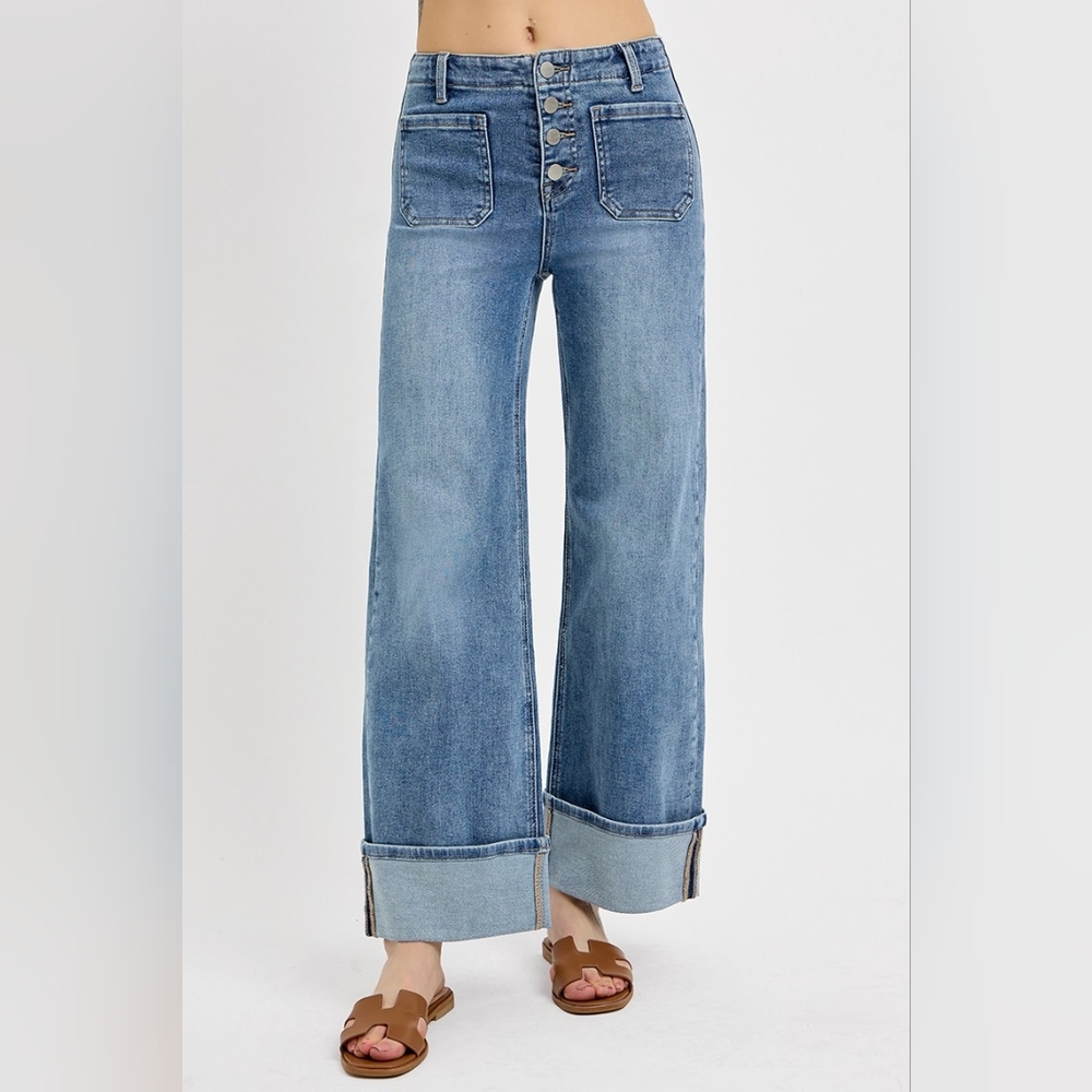 Risen HR Medium Wash Button Fly Patch Pocket Cuffed Wide Leg Jeans Various NEW - Picture 6 of 6